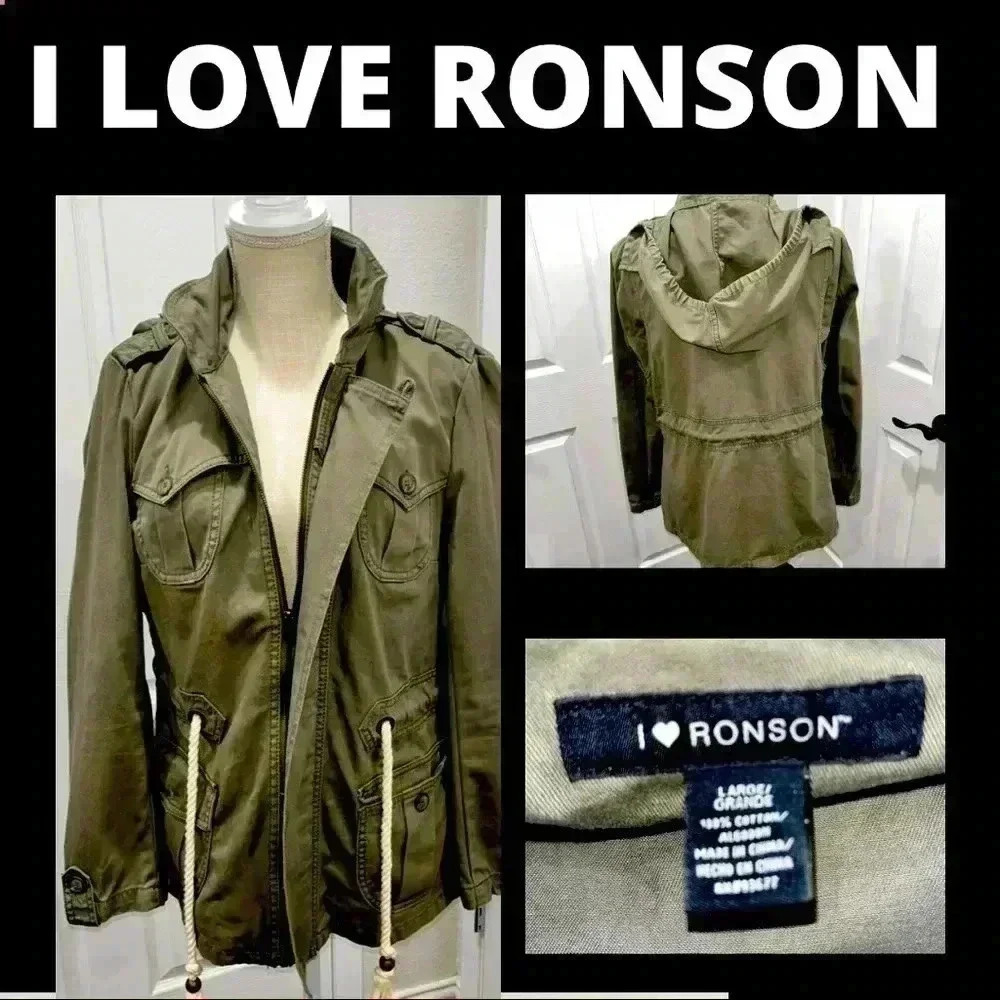 I HEART RONSON Military style utility jacket NWOT tie waist hooded olive